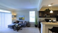 This single-floor residence features an open-concept design that seamlessly integrates the living room and kitchen into one cohesive space. The living area is finished with plush carpeting and neutral grey walls accented by crown molding, lending a clean, polished look. A large window draws in abundant natural light, creating a bright and welcoming atmosphere while offering views of the surrounding exterior. The space comfortably accommodates a sectional sofa, coffee table, and decorative accents, demonstrating its generous proportions. A tall indoor plant adds a touch of greenery, enhancing the relaxed ambiance. Adjacent to the living area, the kitchen features rich dark cabinetry that provides a striking contrast against light countertops, likely stone or stone-look surfaces. The transition between the carpeted living space and what appears to be hard flooring in the kitchen area is clearly defined, adding visual interest. The open pass-through layout between rooms promotes an airy, connected feel throughout the home, making it an ideal space for both daily living and casual entertaining.