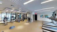 This fitness center offers a well-organized and spacious workout environment designed to accommodate a range of exercise needs. The space features a drop ceiling with recessed linear fluorescent lighting that provides consistent, even illumination throughout. The flooring consists of durable, cushioned rubber-like material in a neutral tan tone, suitable for both cardio and strength training activities.

The equipment layout includes a cable cross machine, a multi-station weight trainer, an elliptical trainer, and a stair climber, all positioned to allow comfortable circulation between stations. Along the far right side of the space, a row of treadmills lines the wall, maximizing floor usage efficiently. A modular shelving unit serves as a divider between workout zones, adding subtle organization to the layout.

The walls are white and largely unadorned, contributing to a clean, clinical aesthetic. A single piece of colorful wall art adds a subtle decorative touch near the exit door. Large windows near the entrance allow natural light to filter in, brightening the front of the space. The overall ambiance is functional, modern, and well-maintained, making it a practical facility for daily fitness use.