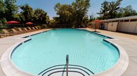 This single-story outdoor pool facility offers a well-appointed recreational space centered around a generously sized swimming pool with a classic geometric design and tiled entry steps. The pool's clear turquoise water is framed by a broad concrete pool deck, providing ample space for lounging. Red umbrella-shaded seating areas are positioned along the perimeter, offering relief from the sun, while mature trees lining the fenced boundary provide a natural backdrop and additional shade.

Adjacent to the pool deck is a compact amenity building constructed with brick detailing and painted paneled walls. This structure houses clearly marked restroom facilities, accessible via a covered exterior corridor with a concrete walkway. The building's exterior features paneled white walls, exposed brick accents, and transom windows near the roofline that allow natural light into the corridor. A vending machine is also available poolside for added convenience.

The overall setting is bright and open, designed for outdoor recreational use. The combination of the spacious pool, shaded lounge areas, and functional support facilities makes this a practical and comfortable amenity space suited for warm-weather activities.