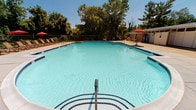 This single-story outdoor pool facility offers a well-appointed recreational space centered around a generously sized swimming pool with a classic geometric design and tiled entry steps. The pool's clear turquoise water is framed by a broad concrete pool deck, providing ample space for lounging. Red umbrella-shaded seating areas are positioned along the perimeter, offering relief from the sun, while mature trees lining the fenced boundary provide a natural backdrop and additional shade.

Adjacent to the pool deck is a compact amenity building constructed with brick detailing and painted paneled walls. This structure houses clearly marked restroom facilities, accessible via a covered exterior corridor with a concrete walkway. The building's exterior features paneled white walls, exposed brick accents, and transom windows near the roofline that allow natural light into the corridor. A vending machine is also available poolside for added convenience.

The overall setting is bright and open, designed for outdoor recreational use. The combination of the spacious pool, shaded lounge areas, and functional support facilities makes this a practical and comfortable amenity space suited for warm-weather activities.