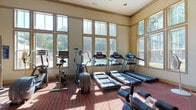 Located in Stockbridge, Georgia, this fitness center is a well-appointed, single-floor facility designed to support a comprehensive workout experience. The space is characterized by soaring ceilings with elegant crown molding and an abundance of natural light streaming through large, multi-pane windows that line the walls, offering views of the surrounding greenery and outdoor pool area.

The cardio zone is generously stocked with multiple treadmills equipped with individual monitors, elliptical trainers, and stationary bikes — all positioned to take advantage of the natural light and outdoor views. The strength training area features a multi-station cable machine, a weight bench, and a dedicated free weights section with a full rack of dumbbells, kettlebells, and medicine balls arranged for easy access.

Large wall mirrors in the strength zone enhance the sense of space while allowing exercisers to monitor their form. The durable, dark-red carpet flooring provides comfort underfoot throughout the facility. A ceiling fan ensures air circulation in the weight area, complementing the HVAC system. The open layout allows for unobstructed movement between equipment zones. Overall, the fitness center offers a bright, spacious, and fully equipped environment suited for a wide range of fitness routines.