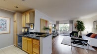Located at 725 S Bixel St in the heart of Los Angeles, this well-designed two-bedroom, two-bathroom residence offers a thoughtfully arranged single-level floor plan with a comfortable sense of space throughout. The open-concept living and dining area is anchored by warm hardwood flooring, crown molding, and large sliding glass doors that flood the space with natural light and open directly onto a private patio — ideal for indoor-outdoor living. The kitchen features light maple cabinetry, dark granite countertops, a breakfast bar peninsula, black appliances including a gas range and built-in microwave, and tile flooring, blending functionality with a clean, modern aesthetic. The spacious primary bedroom offers ample room and is complemented by a dedicated closet, while the second bedroom benefits from large windows that invite natural light and views of surrounding greenery. Both bathrooms are finished with tile flooring and warm wood vanities, with one featuring a full shower-tub combination. Additional highlights include two closets for generous storage, an in-unit laundry area, and crown molding details that lend a polished finish throughout. The private patio extends the living space outdoors, completing this practical and inviting Los Angeles residence.
