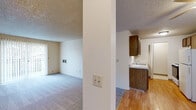 This efficiently designed one-bedroom, one-bathroom unit makes smart use of its single-floor layout. The open living area features soft wall-to-wall carpeting and a textured ceiling, with a sliding glass door that invites natural light and provides outdoor views. A structural column subtly defines the transition between the living space and the kitchen area, adding architectural character.

The galley-style kitchen is well-appointed with rich wood cabinetry lining both walls, offering generous storage above and below. A double-basin sink, a full-size refrigerator, and a range provide all the essentials, while light hardwood flooring adds warmth and easy maintenance underfoot.

The bedroom is a comfortable, carpeted retreat featuring a closet with built-in shelving and a window that brings in natural light. Baseboard heating ensures year-round comfort. The full bathroom includes a tub/shower combination with clean white surrounds, maintaining a simple and functional aesthetic.

A utility room rounds out the layout, providing additional practical storage and functional space. Throughout the unit, neutral tones, textured ceilings, and a combination of carpet and hardwood flooring create a cohesive and livable environment well-suited for everyday life.