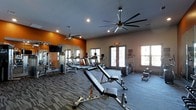 This single-level fitness center offers a thoughtfully designed workout environment suited for a variety of exercise routines. The space is divided into distinct functional zones, with strength-training equipment positioned along one wall beneath a bold orange accent, complemented by floor-to-ceiling mirrors that enhance the sense of depth and allow users to monitor their form. A wall-mounted flat-screen television adds convenience for those seeking entertainment during workouts.

The cardio section features a row of treadmills aligned to face natural light streaming in through multiple windows, creating an energizing atmosphere. Additional cardio machines, including an elliptical and a stationary bike, are positioned near glass French doors that open to an outdoor area, further brightening the space. Free weights and adjustable benches occupy the central floor area, providing ample room for functional training.

Two large, multi-blade ceiling fans circulate air throughout the room, ensuring comfort during intense workouts. The flooring consists of durable, patterned carpet tiles that define the space while absorbing sound. Recessed lighting supplements the natural light, keeping the environment well-illuminated throughout the day.