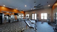 This single-level fitness center offers a thoughtfully designed workout environment suited for a variety of exercise routines. The space is divided into distinct functional zones, with strength-training equipment positioned along one wall beneath a bold orange accent, complemented by floor-to-ceiling mirrors that enhance the sense of depth and allow users to monitor their form. A wall-mounted flat-screen television adds convenience for those seeking entertainment during workouts.

The cardio section features a row of treadmills aligned to face natural light streaming in through multiple windows, creating an energizing atmosphere. Additional cardio machines, including an elliptical and a stationary bike, are positioned near glass French doors that open to an outdoor area, further brightening the space. Free weights and adjustable benches occupy the central floor area, providing ample room for functional training.

Two large, multi-blade ceiling fans circulate air throughout the room, ensuring comfort during intense workouts. The flooring consists of durable, patterned carpet tiles that define the space while absorbing sound. Recessed lighting supplements the natural light, keeping the environment well-illuminated throughout the day.