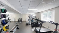 This dedicated fitness room offers a comprehensive workout environment designed to support a wide range of exercise routines. The space is finished with durable, dark rubber flooring that provides both safety and comfort during workouts, while a suspended drop-tile ceiling with recessed panel lighting ensures even, bright illumination throughout. A full-wall mirror along one side visually expands the room and allows users to monitor their form during exercise. Natural light filters in through windows fitted with blinds on the opposite wall, adding an airy quality to the space. The room is equipped with a solid selection of fitness equipment, including a treadmill, a stationary bike, an elliptical trainer, and a multi-function cable and weight machine. Free weight options are well represented, with a tiered dumbbell rack, barbells with weight plates, and a flat workout bench. A stability ball rounds out the functional training offerings. Two interior doors provide convenient access points, and a water cooler is positioned near the entry for easy hydration. Overall, the space is thoughtfully organized to maximize usability and flow, making it a practical and functional fitness facility.