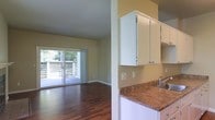 This single-floor residence offers an open and functional layout that seamlessly connects the kitchen and living areas. The kitchen is outfitted with crisp white cabinetry providing ample storage, a granite-toned countertop, and a stainless steel sink, all positioned to overlook the adjoining living space. Rich, dark hardwood flooring runs throughout, adding warmth and a sense of continuity to the interior. The living area is generously proportioned and benefits from an abundance of natural light, courtesy of large sliding glass doors that open onto an outdoor deck or balcony. The outdoor access frames a pleasant view of surrounding greenery, enhancing the connection between the interior and the natural environment outside. Neutral, warm-toned walls provide a versatile backdrop throughout the space, complementing both the flooring and cabinetry. The sliding glass doors not only flood the living area with daylight but also create an effortless indoor-outdoor flow, ideal for relaxed everyday living. Overall, the space presents a clean, well-maintained aesthetic with practical design elements that prioritize both comfort and functionality.