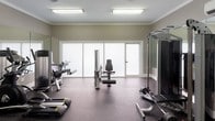This single-level fitness room is thoughtfully designed to support a comprehensive workout experience. The space is outfitted with a diverse range of equipment, including multiple treadmills, an elliptical trainer, recumbent and upright stationary bikes, a multi-station cable machine, a weight bench, and additional strength training apparatus — providing options for both cardiovascular and resistance training.

Large wall-to-wall mirrors line one side of the room, visually expanding the space and allowing users to monitor their form during exercise. The rubber-composite flooring offers durability and underfoot comfort suited to a high-use fitness environment. Neutral warm-gray walls trimmed with white crown molding and baseboards lend the room a clean, polished aesthetic.

Natural light filters into the space through frosted sliding glass doors and windows, maintaining privacy while brightening the interior. Flush-mounted fluorescent light fixtures provide consistent overhead illumination throughout. A wall-mounted television adds a practical amenity for entertainment during workouts. A wall-mounted split air conditioning unit ensures a comfortable climate year-round, making this fitness room a functional and well-appointed space for regular exercise.