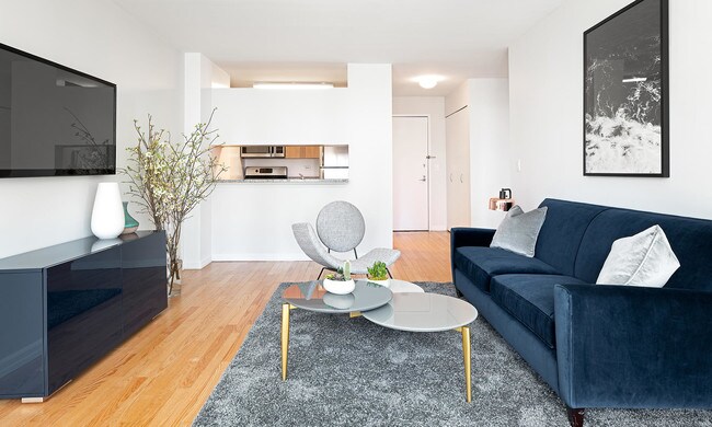photo of 2 Gold St Model Apartment 4904 livingroom and pass-through kitchen staged with model furniture and plant - 2 Gold St