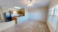 Located at 1805 8th Avenue in Tuscaloosa, Alabama, this one-bedroom, one-bathroom unit offers a well-organized single-floor layout across a comfortable footprint. The open-concept living and kitchen area is a central highlight, where warm-toned carpet flows through the living room, anchored by a ceiling fan with light fixture and crown molding trim. French doors in the living area invite natural light and provide direct access to an outdoor space.

The kitchen is thoughtfully designed with rich wood cabinetry, granite-style countertops, and a full suite of black appliances including a refrigerator, electric range, microwave, and dishwasher. Tile flooring extends through the kitchen, and a breakfast bar peninsula connects the kitchen seamlessly to the living area, ideal for casual dining or additional workspace.

The generously sized primary bedroom features plush carpet, a ceiling fan, and a dedicated closet, providing a comfortable and private retreat. Crown molding and plantation-style window shutters add a refined touch. The bathroom is clean and functional, featuring tile flooring, a tub-shower combination, and a wood-accented vanity. Throughout the unit, neutral warm tones and consistent finishes create a cohesive and inviting atmosphere.