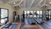 This fitness center is a thoughtfully designed single-floor space that combines architectural character with a comprehensive range of workout amenities. The room is defined by its striking vaulted ceiling with exposed white-painted beams, lending the space a sense of openness and height. Ceiling fans are positioned throughout to maintain airflow and comfort during workouts.

The flooring features a distinctive herringbone pattern in mixed neutral tones, adding a modern, polished aesthetic to the space. Large, dark-framed windows line multiple walls, flooding the interior with natural light and offering views of the surrounding greenery and landscaping, creating an inviting atmosphere.

The fitness center is well-appointed with a diverse selection of equipment. Cardio options include multiple treadmills and an elliptical machine, all positioned facing the windows to take advantage of the outdoor views. Strength training is supported by a cable machine, a weight bench, a rack of dumbbells, and a selection of medicine balls and stability balls neatly organized on a dedicated rack. A wall-mounted flat-screen TV and a mirrored wall enhance the functionality and feel of the space.

The overall ambiance is bright, clean, and motivating, blending a residential architectural warmth with a fully functional fitness environment.