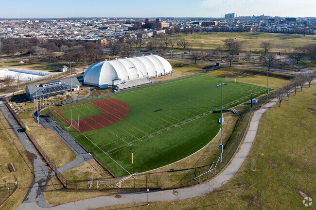 You will find a few athletic fields within Patterson Park.