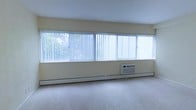 This single-floor space is defined by a striking wall of wide, horizontal windows fitted with vertical blinds, allowing generous amounts of natural light to fill the interior while framing views of surrounding greenery. The windows span nearly the full width of the room, creating a bright, open atmosphere that enhances the sense of space. The walls are finished in a soft, neutral yellow tone, contributing to the room's warm and understated character. Underfoot, wall-to-wall carpeting in a light, neutral shade adds a comfortable, quiet quality to the space. Climate control is provided by a combination of a wall-mounted air conditioning unit and baseboard heating that runs along the base of the window wall, ensuring year-round comfort. The overall design is clean and functional, with minimal architectural ornamentation, allowing the natural light and outdoor views to serve as the primary features. The space offers a calm, utilitarian ambiance well-suited for a variety of uses.