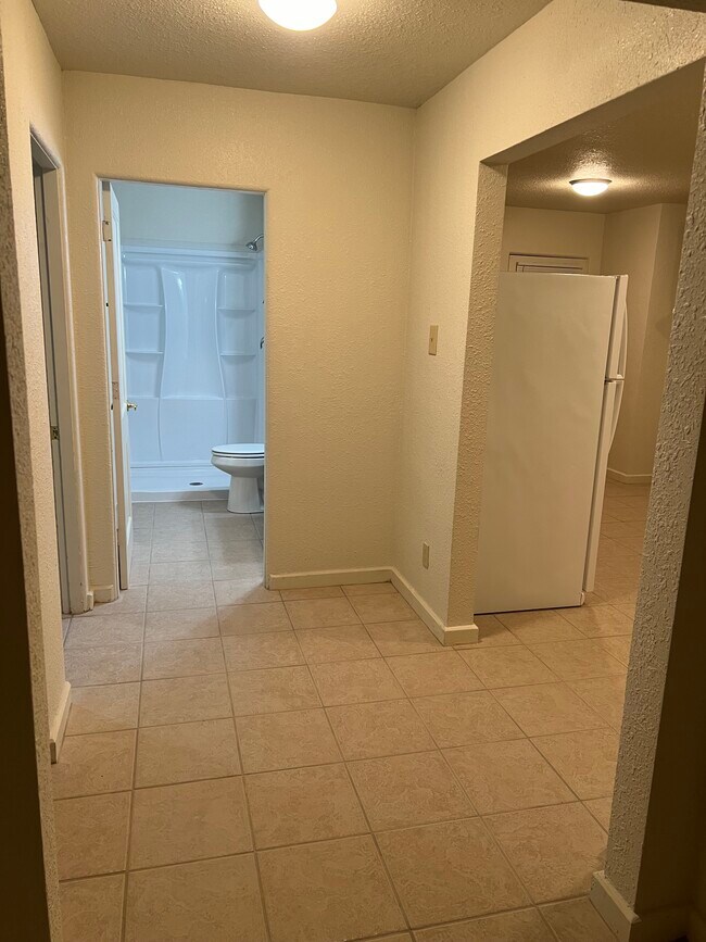Hallway to bedroom (left), bathroom (straight) and kitchen (right). - 217 N 1st St