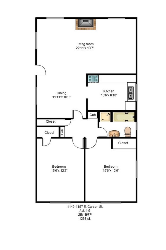 Plano de planta - 2HAB 1BA - Carson Court Apartments