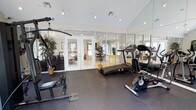 This single-floor home gym is thoughtfully designed to deliver a comprehensive fitness experience in a bright, well-appointed setting. The space features vaulted ceilings that contribute to an open, airy atmosphere, while recessed track lighting ensures consistent, even illumination throughout. A full wall of floor-to-ceiling mirrors visually expands the room and allows for proper form monitoring during workouts. The rubber-floored exercise area is equipped with a multi-function cable machine, a treadmill, and a stationary bike, providing options for both strength training and cardiovascular exercise. A rowing machine rounds out the equipment selection, making this a versatile training environment. The space is anchored by elegant glass-paned French doors that open directly into the adjacent living area, maintaining a visual connection to the rest of the home and allowing natural light to flow in. Decorative potted plants are placed throughout, softening the utilitarian character of the gym and adding a natural, welcoming element. The clean white walls and dark flooring create a crisp, professional aesthetic that is both functional and visually appealing.