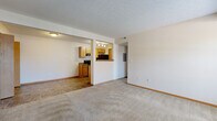 Located at 1207 Baccarat Dr in Columbus, Ohio, this single-floor, two-bedroom unit offers a practical and well-organized layout. The open living area greets you at the entry, featuring neutral-toned carpet, textured ceilings, and a large window that fills the space with natural light. Tile flooring at the entry transitions seamlessly into the adjoining kitchen, which is accessible via a pass-through opening. The kitchen is equipped with warm oak cabinetry, dark granite-style countertops, black appliances including a refrigerator and electric range, a built-in overhead exhaust, and track lighting — all set atop durable tile flooring. Both bedrooms are carpeted and feature windows that allow for natural light and outdoor views. The primary bedroom offers a generous walk-in closet outfitted with wire shelving and hanging rods on multiple walls, providing ample storage. A dedicated closet and hallway further contribute to the unit's functional flow. Throughout, neutral wall tones and consistent trim details create a clean, cohesive aesthetic well-suited for comfortable everyday living.