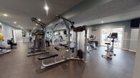 Located at 1404 S Busse Rd in Mount Prospect, Illinois, this fitness center offers a generously proportioned, single-floor workout space designed to accommodate a wide range of exercise needs. The facility features durable rubber flooring throughout, providing both safety and comfort during workouts.

The space is outfitted with an extensive array of equipment, including multiple treadmills, elliptical trainers, a rowing machine, and stationary bikes to support cardiovascular training. Strength-training options are equally comprehensive, with cable machines, weight benches, a pull-up and dip station, and various Precor-brand selectorized machines positioned throughout the floor.

Large wall-mounted mirrors run along one side of the facility, visually expanding the space and allowing users to monitor their form. Recessed lighting illuminates the interior evenly, while windows along the perimeter allow natural light to filter in and offer views of the surrounding outdoor area. A wall-mounted television provides added entertainment.

Accessories including stability balls, resistance tools, and wall-mounted storage racks round out the offerings. The soft blue-gray walls and structured layout contribute to a clean, functional ambiance suited for focused, effective training sessions.