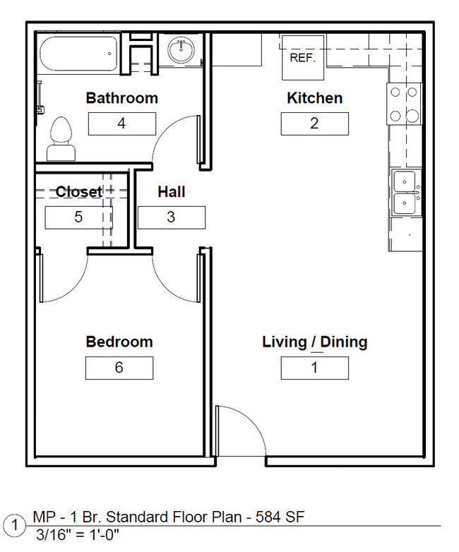 One Bedroom Standard Floor Plan - Three Sisters Apts - Income Restrictions