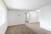 This single-story residence offers a well-organized layout with distinct living, kitchen, bedroom, and bathroom areas. The open living room is generously sized, finished with wall-to-wall neutral-toned carpet, a textured ceiling, and a smart thermostat on the wall. A wide hallway connects the living area to the private rooms, maintaining a clear and functional flow throughout.

The galley-style kitchen is equipped with white shaker cabinetry accented by black hardware, dark countertops, a double stainless steel sink, and black appliances including a refrigerator, electric range, and dishwasher. Wood-look vinyl plank flooring runs throughout the kitchen, offering both durability and a modern aesthetic. The kitchen opens toward the living area, creating a connected feel between the two spaces.

Multiple bedrooms are carpeted and feature vertical blinds over windows that allow natural light to filter in. Each bedroom includes a reach-in closet with rod and shelf storage, providing practical organization. One bedroom offers a bifold closet door, while another features a standard hinged door closet.

The bathroom includes a full tub-shower combination with a white surround, a curtain rod, grab bar, and wood-look tile flooring. Black fixtures and towel bars add a contemporary accent throughout the space.