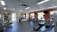 This fitness center offers a comprehensive and well-organized workout facility designed to meet a variety of exercise needs. The space is thoughtfully laid out across a single floor, providing ample room for both cardio and strength training activities. A row of modern cardio machines — including ellipticals, treadmills, and stationary bikes — lines the room, each equipped with individual display screens for an enhanced workout experience. A multi-station strength training machine anchors one side of the space, complementing the cardio offerings with resistance-based exercise options. The interior features a bold terracotta accent wall that adds visual warmth and contrast to the otherwise neutral color palette of whites and grays. Large windows along the perimeter flood the room with natural light and offer pleasant views of the surrounding outdoor greenery, creating an inviting and energizing atmosphere. Multiple ceiling fans are evenly distributed throughout, ensuring consistent airflow and comfort during workouts. The flooring consists of durable, dark rubberized material suited for high-traffic fitness use. Full-length mirrors on one wall enhance the sense of space and allow users to monitor their form. The overall ambiance is clean, functional, and motivating.