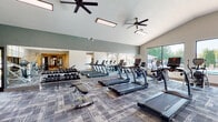 This fitness center is thoughtfully designed to support a comprehensive workout experience across multiple distinct zones. The main exercise area boasts impressively vaulted ceilings with large arched windows and expansive floor-to-ceiling glass panels that flood the space with natural light and offer views of the surrounding greenery. Patterned, textured carpet tiles cover the floors throughout, lending a modern yet functional aesthetic. Ceiling fans are strategically positioned overhead to maintain comfortable airflow during workouts. The cardio section is outfitted with a row of True-brand treadmills and elliptical machines, all positioned to take advantage of the natural light and outdoor views. A full rack of dumbbells and adjustable weight benches provide ample free weight options, while full-length mirrored walls amplify the sense of space and allow for form-checking during exercises. The strength training area features a variety of cable machines and resistance equipment, offering a well-rounded selection for muscle conditioning. A separate spin studio with light wood flooring and recessed lighting houses several stationary cycling bikes, creating a focused and dedicated space for cycling workouts. Connecting corridors lead to additional strength equipment, rounding out this facility as a complete, multi-functional fitness destination.