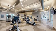Located at 1 Franklin Town Blvd in Philadelphia, PA, this generously sized fitness center spans a single floor and is divided into two well-equipped exercise rooms, offering a comprehensive workout environment for a wide range of fitness goals. The facility features an industrial-modern aesthetic, with exposed ductwork and piping running along the ceilings, polished concrete-style accent walls, and bright linear lighting that illuminates the space effectively throughout.

The main cardio area showcases a striking hexagonal-patterned tile floor and hosts an array of Matrix-brand treadmills, elliptical trainers, and stationary bikes. Full-length mirrors line select walls, enhancing the sense of openness, while glass partitions provide views toward an adjacent outdoor pool area. A dedicated strength training room features rubber flooring, power racks, adjustable benches, and dumbbell racks, complemented by floor-to-ceiling mirrors and natural light from large windows. A separate functional training area provides open floor space alongside medicine balls, stability equipment, and resistance tools. Additional selectorized strength machines are distributed throughout, rounding out the facility's offerings. The overall ambiance is clean, functional, and modern, making this fitness center a well-appointed amenity for its Philadelphia location.