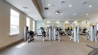 This spacious fitness center is thoughtfully designed to support a full range of workout routines. The interior is finished with durable speckled rubber flooring throughout, providing both safety and comfort during exercise. Recessed lighting is complemented by a ceiling fan, ensuring the space remains well-lit and well-ventilated during use.

The cardio section is lined with a row of TRUE brand treadmills and elliptical machines, each equipped with individual display consoles. Adjacent to these, a rowing machine and stationary bikes offer additional aerobic options. The strength-training area features multiple cable and multi-use weight machines, along with a dedicated free weights station that includes a full rack of dumbbells in varying sizes, a weight bench, and additional plate-loaded equipment.

Large framed mirrors are mounted along one wall, visually expanding the space and allowing users to monitor their form. Multiple windows allow natural light to filter in from several sides of the room, creating a bright and open atmosphere. Glass-paneled doors provide convenient access to an adjacent outdoor area, further enhancing the airy, welcoming environment of this well-appointed fitness facility.