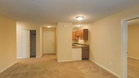 This single-floor space showcases an open-concept layout that seamlessly connects the living area and kitchen. The living space is finished with wall-to-wall beige carpeting, which adds warmth and a neutral backdrop throughout. Flush-mount ceiling light fixtures provide consistent overhead illumination across the space.

The kitchen area is positioned along one wall and features warm-toned wooden upper cabinetry paired with darker lower cabinets and a countertop with subtle stone-like patterning. A sink is integrated into the counter, and the kitchen is designed to be functional and compact while remaining visually open to the main living area. A partial wall divides the kitchen from the rest of the space without fully closing off the floor plan.

A hallway near the entry leads to a paneled entry door, providing a clear path through the unit. Adjacent to the entry area, an open closet with a visible hanging rod offers convenient storage. The walls throughout are finished in a soft, warm beige tone that complements the carpeting, creating a cohesive and understated interior. The overall ambiance is clean, practical, and move-in ready.