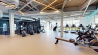 Located at 780 Morrissey Blvd in Boston, MA, this two-floor fitness facility delivers a well-equipped, modern workout environment spread across a generously sized footprint. The upper level serves as the primary cardio floor, featuring an open, airy layout with exposed concrete ceilings, structural columns, and striking X-shaped linear lighting fixtures that add industrial character. Large windows along the perimeter flood the space with natural light and offer outdoor views, while a full array of cardio equipment — including ellipticals, treadmills, stair climbers, and rowing machines — is arranged for easy circulation. A dedicated strength area with cable machines, benches, and free weight racks is accessible via glass-panel doors. The lower level provides additional training space, housing a robust selection of strength machines, a power rack, punching bag, and open floor area for functional training. Teal accent walls, full-length mirrors, and built-in white cabinetry with integrated display screens add a polished, purposeful aesthetic throughout. A central staircase with a teal-accented metal railing connects the two floors, enhancing the facility's cohesive design. The seamless resin flooring on both levels ensures durability and ease of movement throughout the entire space.