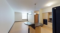 This contemporary single-floor space is designed with an open-plan layout that seamlessly connects the kitchen and living areas, creating a sense of spaciousness and flow. The kitchen is a standout feature, anchored by a curved dark-topped island with built-in storage below and a stylish pendant light hanging above, providing both functional workspace and casual seating. Light wood cabinetry lines the kitchen walls, complemented by black appliances that add a modern contrast. The flooring throughout is a warm light wood, lending a clean, cohesive aesthetic to the entire space. The living area benefits from generous natural light streaming in through a wide, floor-to-ceiling window arrangement, brightening the crisp white walls and creating an airy, welcoming atmosphere. A narrow transom window adds an additional architectural detail, drawing the eye upward to the smooth white ceiling. A warm wood-toned interior door provides a natural accent and connects to additional areas of the unit. The overall design is clean, minimalist, and functional, with thoughtful material choices that balance warmth and modernity throughout.