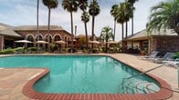 Located at 8181 El Mundo St in Houston, Texas, this outdoor amenity space centers around a generously sized swimming pool with striking turquoise water, framed by classic brick-edged pool decking. The pool area is surrounded by a broad, open patio finished in warm terracotta-toned pavers, providing ample space for relaxation and recreation. Numerous lounge chairs and seating areas are arranged throughout the deck, each shaded by white market umbrellas that offer relief from the Texas sun. Tall, mature palm trees are scattered throughout the space, lending a resort-like tropical ambiance and natural shade. The surrounding landscape is well-maintained, with lush greenery and manicured plantings bordering the perimeter. A wrought iron fence defines the boundary of the pool area, adding both security and visual structure. Adjacent to the pool, a brick building with distinctive arched windows and a covered patio area serves as a community focal point, complementing the traditional architectural style seen throughout. The overall atmosphere is inviting and leisurely, offering a well-appointed outdoor retreat designed for comfort and community enjoyment in a park-like setting.