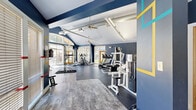 Located at 453 Van Gordon St in Lakewood, Colorado, this well-appointed fitness center offers a generously sized, single-floor workout facility designed to accommodate a comprehensive exercise experience. The space is defined by striking vaulted ceilings with exposed white beams and bold navy blue walls accented by colorful geometric artwork in red, yellow, and teal — creating an energetic and motivating atmosphere. Dual ceiling fans provide air circulation throughout the open floor plan, while large windows and glass entry doors flood the interior with abundant natural light and offer views of the surrounding outdoor environment. The durable rubber and hard flooring supports a wide array of equipment, including treadmills, elliptical machines, stationary bikes, cable machines, weight racks, free weights, resistance machines, and a power tower for bodyweight training. A full-length mirror along one wall enhances the sense of space and supports form-checking during workouts. The entry area features warm wood-framed double doors with transom windows, creating a bright and welcoming transition into the facility. Overall, the fitness center combines functional design with a visually dynamic interior, making it a well-equipped and inviting space for daily exercise.