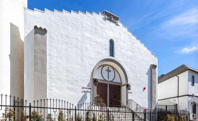 Front of remodeled and converted church - 900 N Hoover St