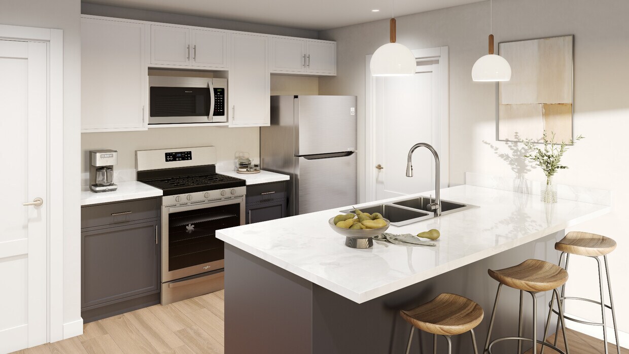 Cocina Moderna con hermosa isla de cuarzo. - Madison View Apartments
