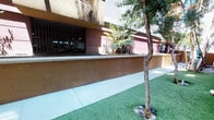 This single-level outdoor space presents a thoughtfully designed courtyard corridor situated between surrounding multi-story buildings. The ground is covered with lush artificial turf, providing a clean and consistent green surface throughout the area, complemented by a smooth concrete walkway that runs alongside it for easy pedestrian access.

Several mature trees are planted throughout the space, their slender trunks and leafy canopies offering natural shade and a sense of established greenery. The trees are grounded with decorative gravel surrounds, adding a polished finishing detail to each planting.

The perimeter is defined by a combination of textured stucco retaining walls finished in warm earth tones, alongside exposed brick walls painted in muted red and gray hues. These architectural elements give the space a grounded, urban character. Raised planter beds along the building facade introduce additional low-maintenance landscaping, featuring native-style shrubs.

A set of concrete steps with metal railings provides a level transition within the space, connecting different sections of the courtyard. Security bar-covered windows at the lower building level are visible along one side, reinforcing the utilitarian nature of the surrounding structures. Overall, the space is open to natural light and offers a functional yet inviting outdoor environment suited for passage, relaxation, or recreational use.