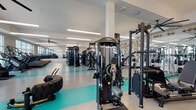 Located at 2810 University Square Dr in Tampa, FL, this fitness center offers a spacious, single-floor layout designed to accommodate a comprehensive range of workout routines. The interior is bright and modern, featuring white walls, high ceilings with large industrial-style linear lighting fixtures, and oversized ceiling fans that enhance airflow throughout the space.

The strength training area is extensively equipped with a wide array of Matrix and Hammer Strength cable machines, multi-functional cable stations, leg press machines, a rowing ergometer, and a dedicated dumbbell rack with a full selection of free weights. A tractor tire and battle ropes signal a dedicated functional training zone, complete with teal-accented flooring that visually delineates the space.

The cardio section lines the perimeter adjacent to floor-to-ceiling windows, offering treadmills, stair climbers, and elliptical machines with views of the outdoor pool area and surrounding palm trees—providing an energizing, resort-like atmosphere during workouts. Full-length mirrors are strategically positioned throughout the facility, amplifying the sense of openness.

Decorative geometric wall accents add a contemporary aesthetic touch, while the polished concrete flooring and clean white surfaces give the gym a professional, well-maintained appearance. The facility presents a fully outfitted environment suited for both strength training and cardiovascular conditioning.