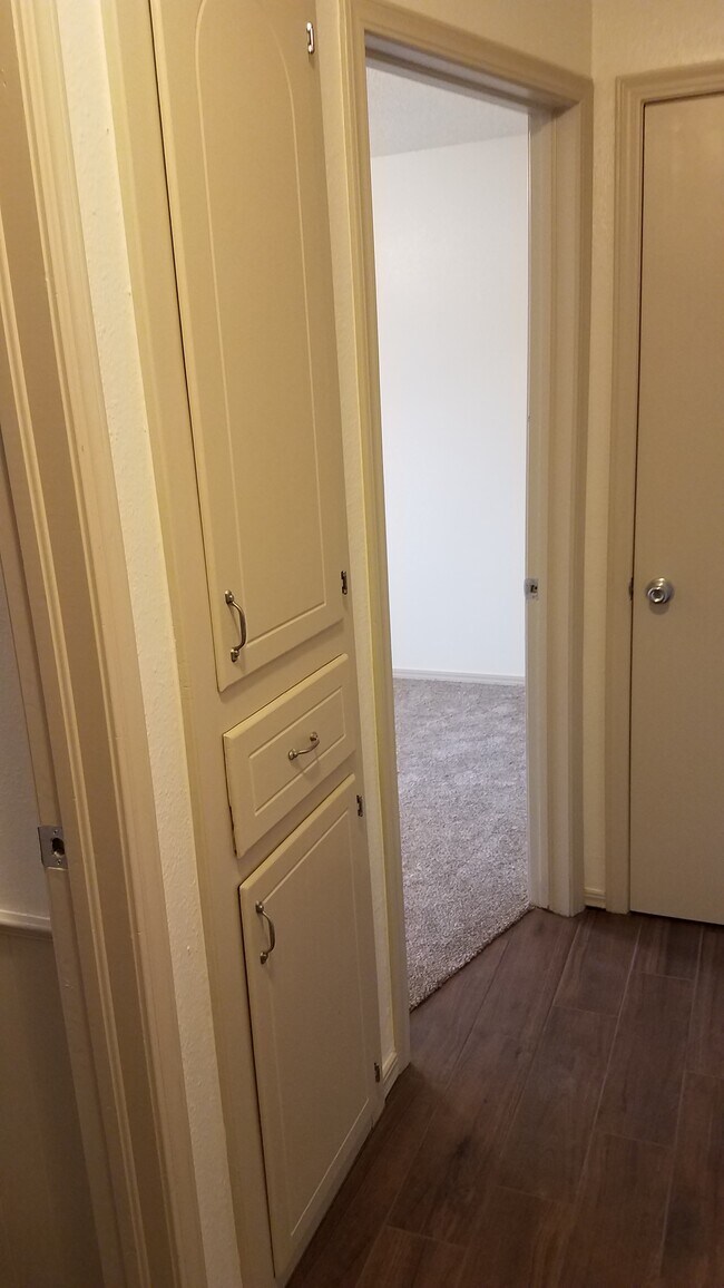 Un armario para la ropa blanca en el pasillo y otro armario al final del pasillo. - 406 Gayclifee Terrace