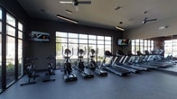This single-story fitness center offers a sleek, contemporary design centered around a well-equipped cardio area. The space is anchored by a large floor-to-ceiling grid window that spans a significant portion of one wall, flooding the room with natural light and providing views of the surrounding outdoor environment. Dark, neutral-toned walls contribute to a focused and energetic atmosphere, complemented by durable rubber flooring suited for high-traffic exercise use. Overhead, a combination of pendant linear lighting fixtures and a ceiling fan ensures the space remains well-illuminated and ventilated during workouts. The cardio zone is outfitted with multiple treadmills, elliptical machines, and a stationary bike, all arranged to face the expansive window. Two wall-mounted flat-screen televisions are positioned on either side of the room, providing entertainment options for users during their sessions. The overall design balances functionality with modern aesthetics, making it an inviting and practical space for daily fitness routines.