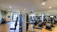 This fitness center is a thoughtfully designed, single-floor facility built to support a full range of workout routines. The space is outfitted with an impressive array of professional-grade equipment, including multiple treadmills, elliptical machines, and rowing or stepping machines arranged to maximize usability and flow. A dedicated strength training area features a multi-station cable machine, providing users with versatile resistance training options.

The room benefits from abundant natural light streaming in through large windows along the perimeter, creating a bright and energizing workout environment. Full-length mirrored walls line one side of the space, visually expanding the room and allowing users to monitor their form during exercise. Warm hardwood flooring adds a polished, upscale feel underfoot and complements the clean, neutral tones of the walls and ceiling.

Recessed lighting throughout the ceiling ensures consistent, even illumination across all areas of the floor. The layout is spacious, with equipment arranged to allow comfortable movement between stations. The overall ambiance is modern and professional, striking a balance between functionality and aesthetic appeal — making it a well-rounded facility suited for both casual exercisers and dedicated fitness enthusiasts.