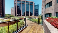 Located at 34 S Lexington Ave in White Plains, NY, this outdoor terrace offers a well-appointed communal space set against the backdrop of the city's prominent commercial skyline. The terrace is finished with rich, warm-toned hardwood decking that runs throughout, providing a clean and inviting surface underfoot. Sturdy metal railings with cable infill line the perimeter, ensuring open sightlines while maintaining safety and a contemporary aesthetic.

Generously sized built-in planters, clad in the same textured granite-aggregate material as the surrounding building facade, are filled with vibrant red flowering plants, evergreen shrubs, and ornamental grasses, adding significant color and greenery to the space. These planters serve both as decorative elements and as natural dividers that give the terrace a sense of structure and intimacy.

Beyond the terrace, a landscaped courtyard area is visible, complete with artificial turf, garden beds, seating areas with orange umbrellas, and additional greenery — extending the outdoor amenity experience. Floor-to-ceiling glass doors provide seamless access between the interior and the terrace, flooding both spaces with abundant natural light. The elevated position of the terrace affords unobstructed views of the surrounding high-rise office buildings, situating occupants directly within the energy of downtown White Plains.