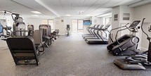 This expansive 2,080 square foot gym, located at One Canal Apartment Homes in Boston, MA, is a modern fitness enthusiast's dream. The facility boasts a thoughtfully designed layout with distinct zones for various workout styles. The cardio area features a row of advanced treadmills positioned near large windows, allowing natural light to flood in during workouts. A comprehensive selection of strength training machines lines the walls, offering options for targeted muscle group exercises. The central space is dedicated to free weights, with an extensive rack of dumbbells and multiple weight benches for versatile training. The gym's design emphasizes functionality with its open floor plan and strategically placed equipment. High ceilings and recessed lighting create an airy, energizing atmosphere. The flooring consists of durable, shock-absorbing material, ideal for high-impact activities. Clean, white walls and modern fixtures contribute to the space's contemporary aesthetic. This well-equipped gym provides residents with a professional-grade fitness experience without leaving their apartment complex.