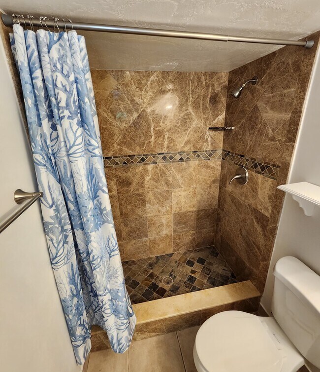 Main bathroom w/earth-tone marble/slate and granite; new curtain! - 1353 Pine Ridge Cir E