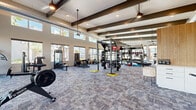 Located at 11575 W Roosevelt St in Avondale, Arizona, this expansive fitness center spans a single floor and is divided into two well-appointed exercise rooms, together offering a comprehensive workout facility. The space is defined by soaring ceilings with bold exposed beams and industrial-style ductwork, lending it a modern, open aesthetic. Durable patterned carpet tile flooring covers the main exercise areas, while one room features light hardwood flooring for a warmer, functional training environment.

The primary exercise room is generously proportioned and flooded with natural light through large windows and floor-to-ceiling glass doors that offer views of palm-lined outdoor surroundings. It is equipped with TRX functional training rigs, power racks, free weights, rowing machines, treadmills, ellipticals, stair climbers, and stationary bikes, including Peloton-style cycles. A built-in storage area with cabinetry and a mounted display screen adds convenience.

A secondary training room features light hardwood floors and a dramatic glass garage door that opens directly to a turf outdoor training area. This room houses additional strength equipment, a dumbbell rack, and a smart training machine, seamlessly blending indoor and outdoor fitness. Together, the two rooms create a well-rounded, light-filled fitness facility suited for a wide variety of training styles.