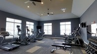 This fitness center offers a thoughtfully designed workout environment spread across a single floor. The space is defined by bold slate-blue walls that create a focused, energizing atmosphere, complemented by large windows along the exterior walls that flood the room with natural light. Ceiling fans — strategically positioned throughout — ensure consistent airflow and comfort during workouts. Recessed lighting provides additional illumination, keeping the space bright and functional at any time of day. The flooring features a durable, multi-toned carpet tile in a geometric pattern, blending practicality with visual appeal. The equipment layout is well-organized, with a row of cardio machines — including treadmills, ellipticals, and stair climbers — positioned to take advantage of the natural light from the windows. A flat-screen TV is wall-mounted, offering entertainment options during exercise sessions. On the opposite side, adjustable weight benches and additional strength training equipment provide a dedicated area for resistance workouts. The open floor plan allows for easy movement between stations, making the space accessible and efficient for users of all fitness levels. Overall, this fitness center combines functional design with a clean, modern aesthetic to deliver a well-rounded workout facility.