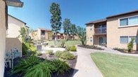 Located at 532 Broadway in El Cajon, California, this residential community presents a well-maintained and attractively landscaped environment under the bright Southern California sun. The buildings feature a classic stucco exterior in a warm tan finish, a common and durable architectural choice well-suited to the region's climate. Mature trees, including tall palms and full-canopied shade trees, rise throughout the property, complementing the carefully designed plantings of ferns, succulents, and ornamental shrubs set against dark mulch beds. Smooth concrete pathways wind through the grounds, connecting buildings and providing easy pedestrian access across the community. Open green lawns offer shared outdoor space, enhancing the sense of openness between the multi-story residential structures. Select units feature private balconies, adding an outdoor retreat for residents. The entry points to buildings are secured and clearly marked, with ADT security systems and posted no-smoking signage in compliance with El Cajon Municipal Code. The overall ambiance of the community is clean, orderly, and well-kept, with thoughtful landscaping that balances low-maintenance desert-adapted plants with lush green turf, creating an inviting and comfortable outdoor environment throughout the property.