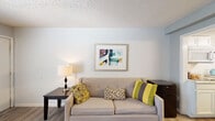 This single-floor unit offers a thoughtfully arranged layout that maximizes functionality across its living, dining, kitchen, and bathroom areas. The living room serves as the central gathering space, featuring light-toned hardwood-style flooring, soft neutral walls, and a textured ceiling. A comfortable sofa accented with colorful throw pillows anchors the room, complemented by a side table with a lamp and framed wall art that adds a touch of personality to the space.

Adjacent to the living area, the dining space makes a strong visual statement with a floor-to-ceiling stone-textured accent wall and a wall-mounted flat-screen television. A compact dining table with dark chairs is positioned near a window that allows natural light to filter in, creating an inviting atmosphere for meals.

The kitchen is equipped with white cabinetry, a built-in microwave, an electric cooktop, and generous granite-style countertops that provide ample workspace. A dishwasher and sink complete the functional setup, making the kitchen both practical and clean in appearance.

The bathroom features a single-sink vanity with a mirror, white cabinetry, and an adjacent tub-shower combination lined with square tiles. A safety grab bar is installed near the tub, and warm wood trim around the doorway adds a classic touch. Overall, the space presents a clean, functional, and comfortable environment.