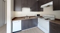 This single-floor unit is designed with a clean, minimal aesthetic throughout. The open living area is bathed in natural light from a large window fitted with vertical blinds, offering views of surrounding greenery. Light hardwood-style flooring extends through the main living spaces, complementing the crisp white walls and textured ceilings. A ceiling fan provides additional airflow, while a wall-mounted air conditioning unit ensures year-round comfort.

The kitchen is efficiently laid out with dark espresso-toned cabinetry on both upper and lower levels, contrasted by a dark laminate countertop and a stainless steel sink. White appliances, including a refrigerator, electric range, dishwasher, and microwave, are all included. The space transitions seamlessly into the living area.

The bedroom is a well-proportioned, quiet room featuring the same light flooring, a sliding mirrored closet, and a window that allows in natural light. The bathroom is functional and complete, featuring a combined tub and shower with frosted glass sliding doors, white tile surround, a toilet, and a vanity with dark cabinetry and an integrated sink.