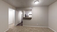 This single-floor unit is organized into a cohesive layout with clearly defined living, sleeping, kitchen, and bathroom spaces. The living area is generously sized, finished with wall-to-wall carpet in a neutral beige tone, and features a textured ceiling with a flush-mount light fixture. A front entry door is flanked by a window that allows natural light to brighten the space. Neutral gray walls are consistent throughout, giving the unit a clean, uniform appearance.

The kitchen is positioned adjacent to the living area and accessible via a pass-through opening with a raised countertop bar, offering a functional connection between the two spaces. Inside, the galley-style kitchen features white cabinetry on both sides, light-toned countertops, dark wood-look vinyl plank flooring, a stainless steel sink, and black appliances including a range, built-in microwave, and dishwasher.

The bedroom is a well-proportioned room with plush carpet, a ceiling fan with light fixture, and a window fitted with horizontal blinds. A six-panel door leads to a closet area. The bathroom includes dark wood-look vinyl flooring, a white vanity with storage drawers, a light countertop, a single sink, and a tiled shower-tub combination.
