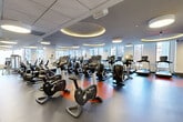 Located in Boston's Back Bay neighborhood, this expansive fitness center spans a single floor and offers a comprehensive, well-appointed workout environment. The space is defined by its striking architectural ceiling design, featuring large elliptical coves with warm recessed lighting that create a sophisticated and energizing ambiance throughout. Floor-to-ceiling windows line the perimeter, flooding the facility with natural light while providing open views of the surrounding cityscape.

The main cardio floor is generously sized and equipped with an extensive lineup of Life Fitness treadmills, elliptical trainers, upright and recumbent stationary bikes, and stair climbers, all arranged in organized rows to maximize usability. A dedicated free weights area features a full rack of dumbbells, weight benches, barbells, and mirrored walls, creating an ideal environment for strength training. A separate studio space offers spin bikes, wall-mounted flat-screen TVs, exercise mats, balance trainers, and ample open floor space for group or individual workouts. The durable, multi-toned rubber flooring throughout provides comfort and safety. Together, these zones create a well-rounded, full-service fitness facility designed to accommodate a wide variety of training needs.